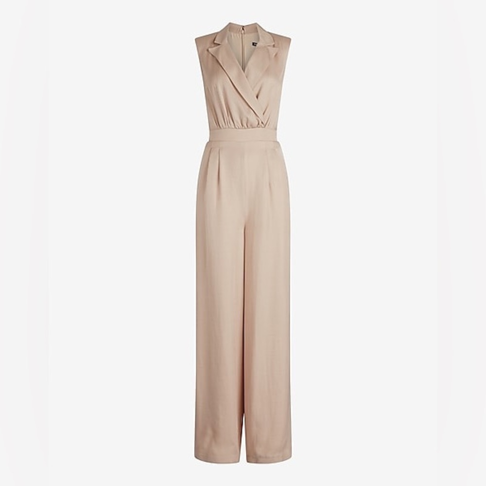 EXPRESS Linen-Blend Wide Leg Sleeveless Blazer Cream Khaki Jumpsuit XS